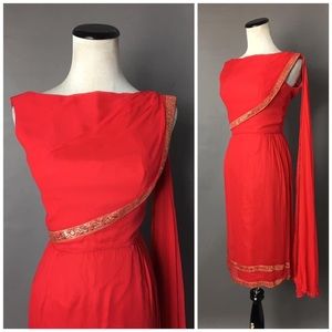 Vintage chiffon sari red gold cape dress xs